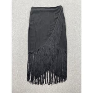 Lulus Fringed Midi Skirt Size S Black Faux Wrap Get You Dancing High Waist Glam